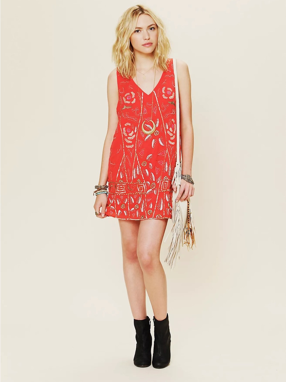Free People Secret Garden Shift Dress Red Beaded size small